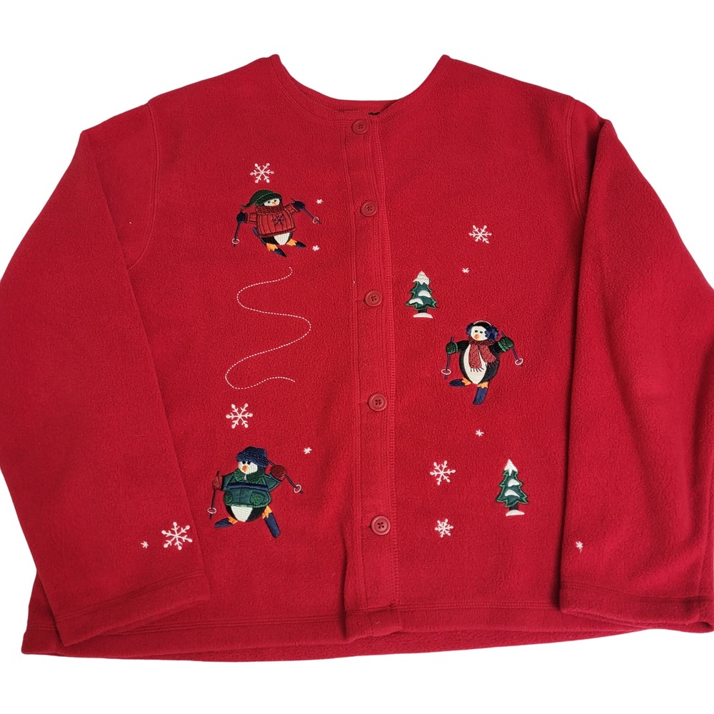 Red Fleece Sz Large Skiing Penguins Snowflakes Holiday Button Front Fleece C&B
